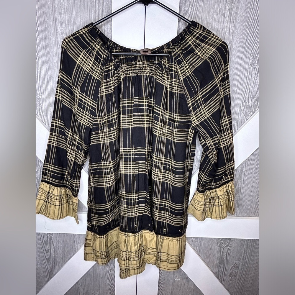 B3.10 Multiples Peplum Plaid Top with Cinched Ruffled Hem and Cuffs